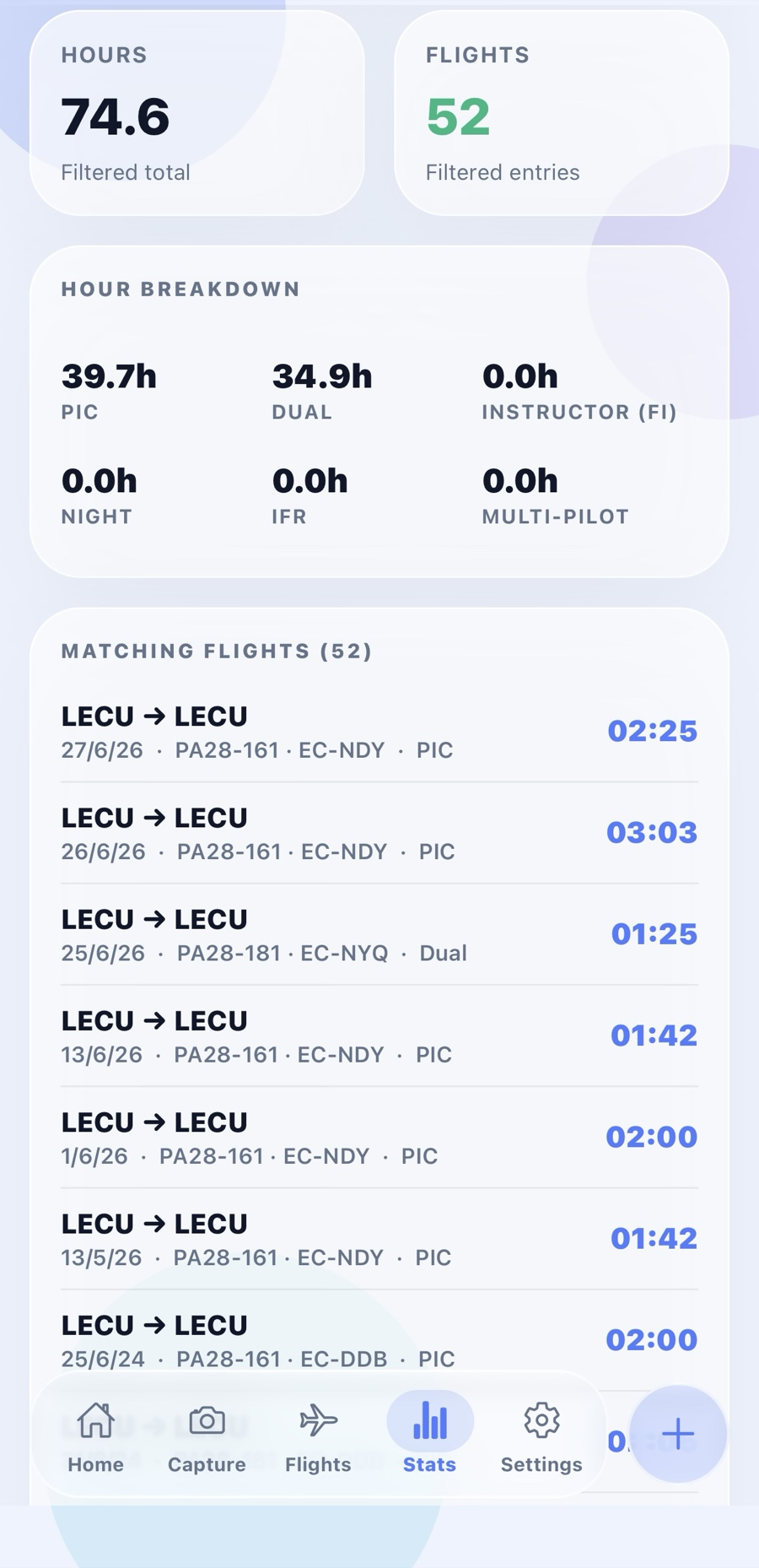 Stats screen with hour breakdown and matching flights