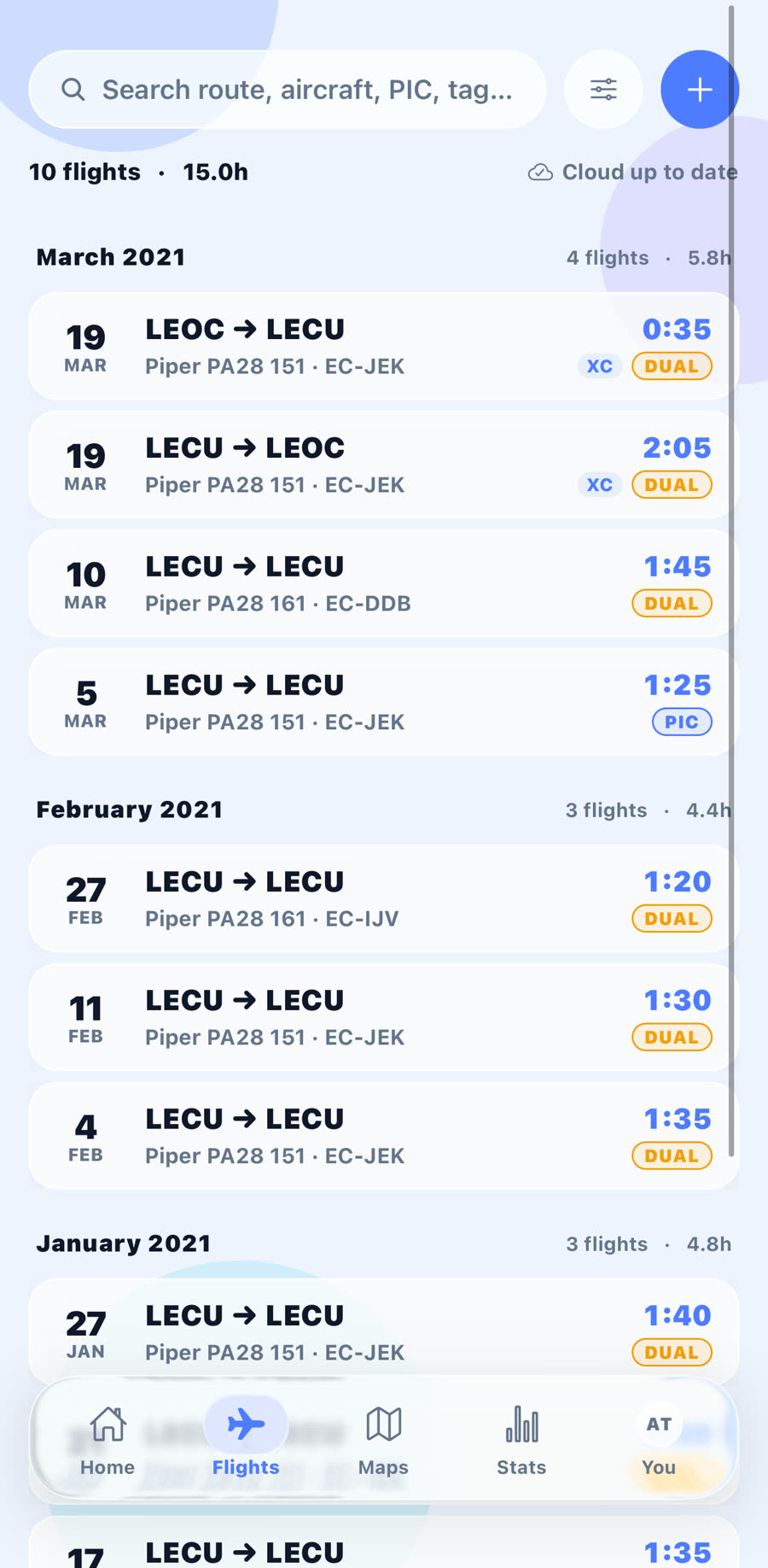 Logbookly flight list grouped by month, with hours and function for each flight