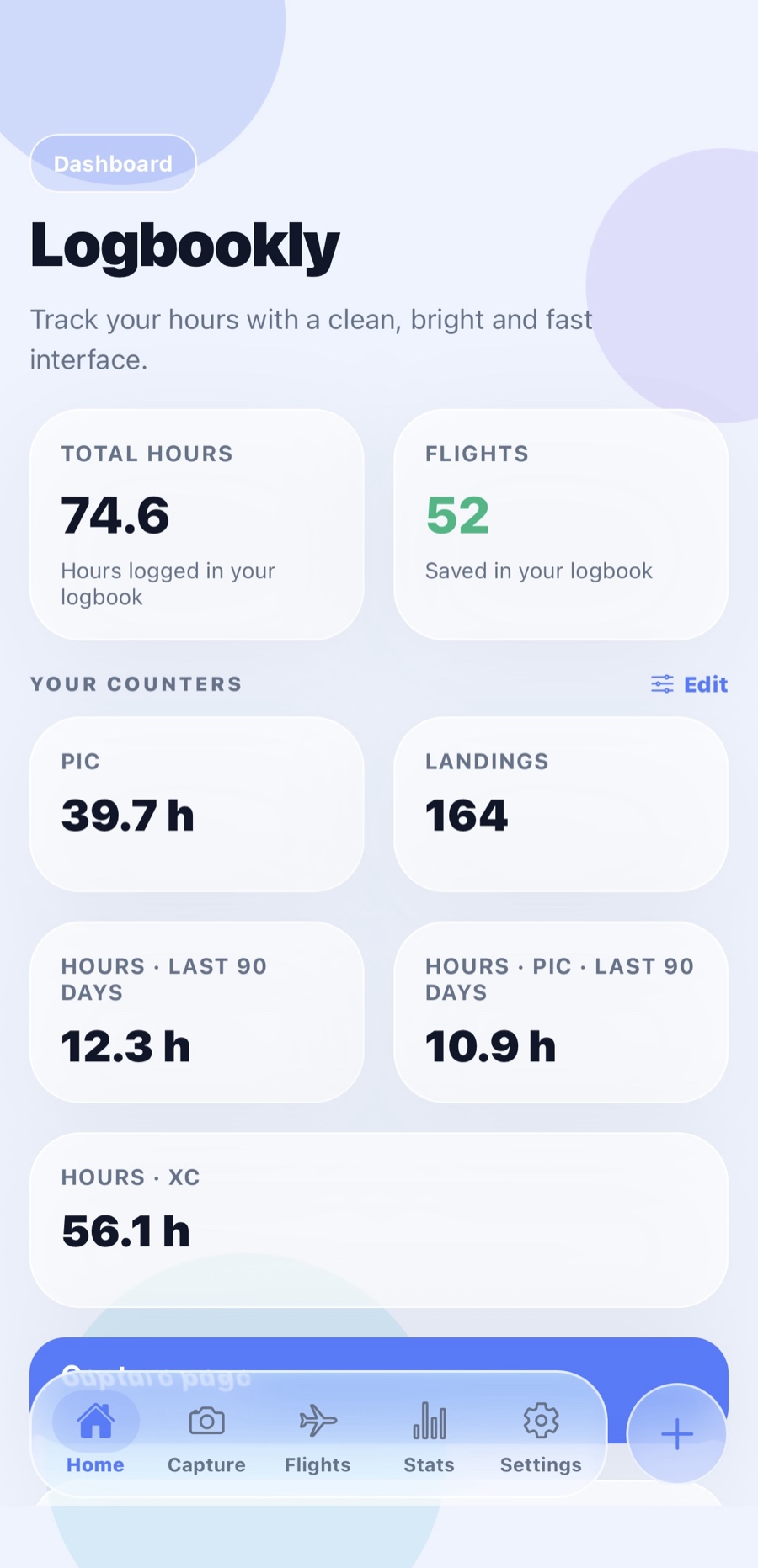Logbookly dashboard showing total hours, flights and hour counters