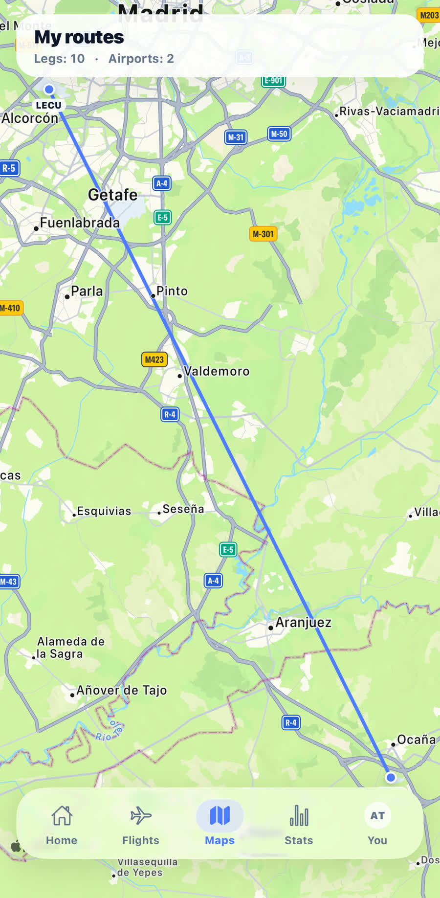 Map showing the routes flown, drawn from the logbook